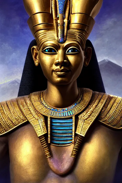 Image similar to egypt god osiris, god of the underworld, highly detailed, d & d, fantasy, highly detailed, digital painting, trending on artstation, concept art, sharp focus, illustration, global illumination, ray tracing, realistic shaded, art by artgerm and greg rutkowski and fuji choko and viktoria gavrilenko and hoang lap, sunny