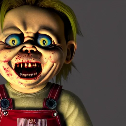 Prompt: screaming chucky doll made of out color glass octane render unreal engine blender