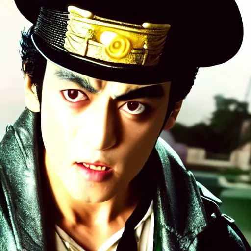 Image similar to a photograph of jotaro kujoh from a live action version of jojo's bizarre adventure, filmic, cinematographic