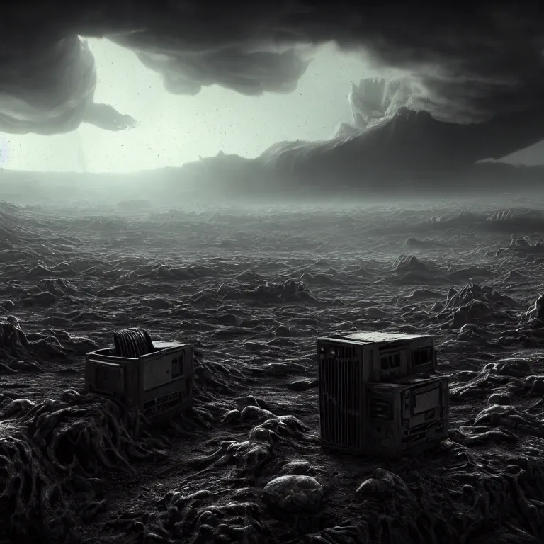 Prompt: surreal mysterious abandoned ribbed broken pc monitor in the foreground, in wastelands on exoplanet, dark clouds, dark washed tint, dream-like heavy atmosphere, dark baroque painting, beautiful detailed intricate insanely detailed octane render trending on Artstation, 8K artistic photography, photorealistic, dramatic volumetric cinematic perfect light, chiaroscuro, award-winning photograph, masterpiece, Raphael, Caravaggio, Beksinski, Giger