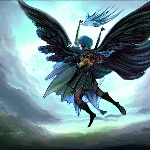 Image similar to a winged fantasy warrior flying through a magical realm, digital painting, male