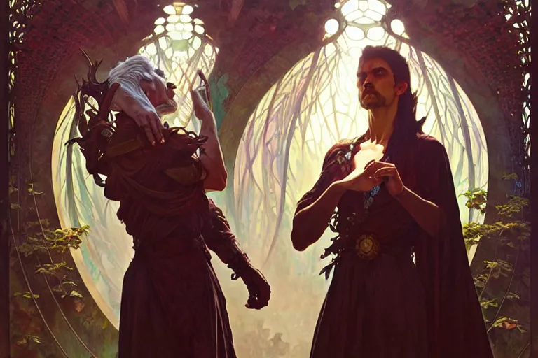 Image similar to ubermench, machiavellian garden, d & d, fantasy, ego death, decay, dmt, psilocybin, art by artgerm and greg rutkowski and alphonse mucha