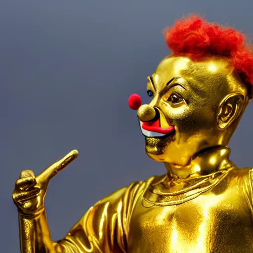 Image similar to a photo of a detailed golden statue of a Clown, 8K,