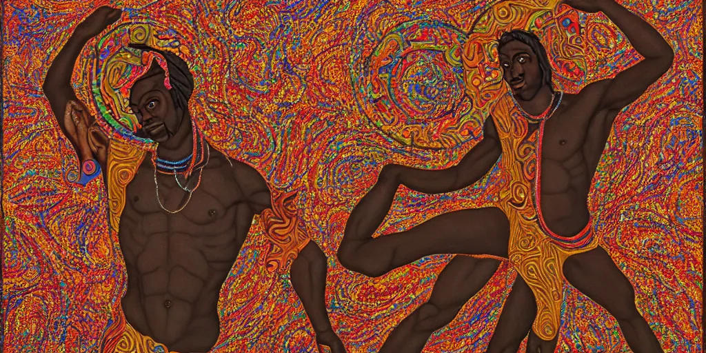 Prompt: an abstract spiritual background, portrait of a virile dark - skinned greek god dancing. 2 4 mm, photorealistic, muted color scheme, directed by mati klarwein