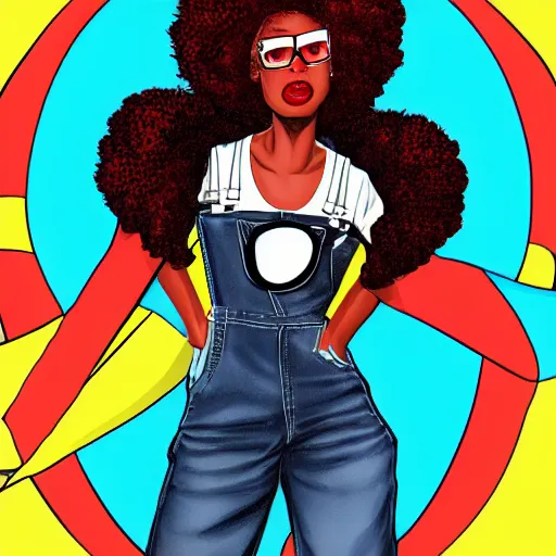 Prompt: nerdy black girl super hero , big Afro , sexy red lips, overalls comic book style,
