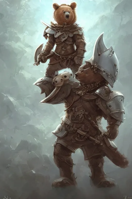 Image similar to cute little anthropomorphic bear knight wearing a cape and a crown, tiny, small, miniature bear, baby animal, short, pale blue armor, cute and adorable, pretty, beautiful, DnD character art portrait, matte fantasy painting, DeviantArt Artstation, by Jason Felix by Steve Argyle by Tyler Jacobson by Peter Mohrbacher, cinematic lighting