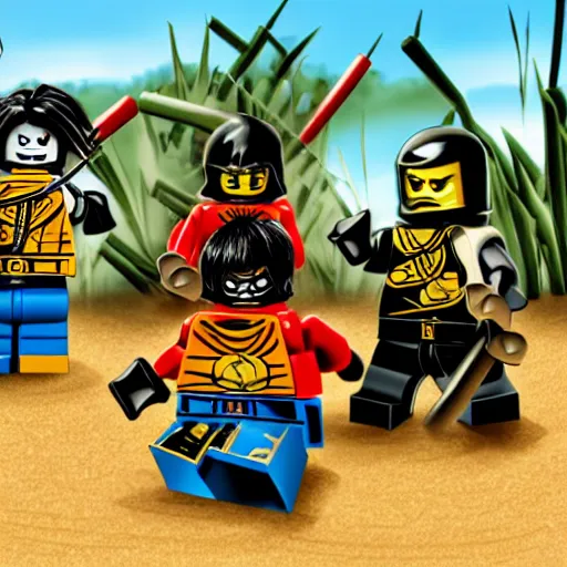 Prompt: lego ninjago ninjas playing in the sandpit