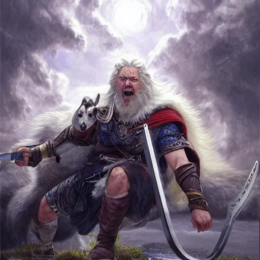 Image similar to The asgardian one-eyed god Odin using a spear to fight the gray wolf Giant Wolf Fenrir in Ragnarök, majestic, high-detail, realism, painting by Andreas_Rocha,