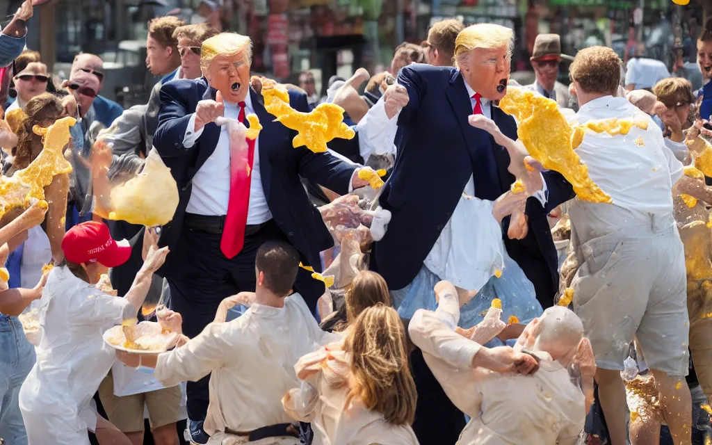 Prompt: donald trump hitting people with pudding, pudding stained clothes, golden hour, boardwalk