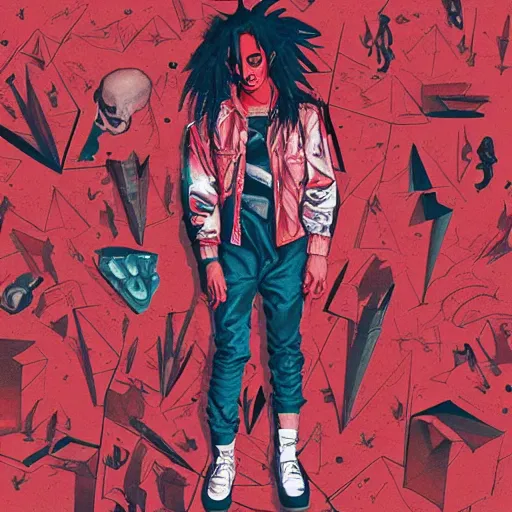 Prompt: Album Art for Playboi Carti \'Whole Lotta Red\' featuring Clairo, Fanged Vampire, Red Birthmark, Castlevania, Vector art, Geometric 3d shapes, Gang, Paper Marbling, red smoke, by Sachin Teng, Trending on artstation