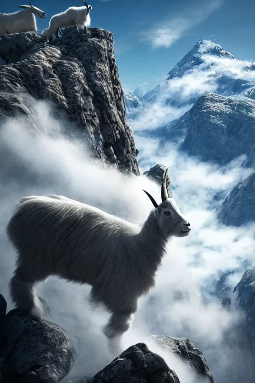 Prompt: a hyper detailed photo of a ethereal mountain goat leading you across a summit of a beautiful mountain range, above the clouds, photorealistic, unreal engine 5, 8 k post production, cinematographic, ray tracing, v - ray, octane render, go pro, wlop, artstation trending, concept art