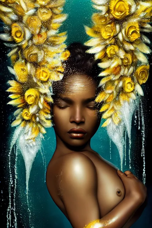 Prompt: hyperrealistic post - classical cinematic very beautiful! black oshun goddess with white! iris, in water, yoruba body paint, mirror dripping droplet!, gold flowers, highly detailed face, digital art masterpiece, smooth robert steven connett eric zener dramatic teal light, ground angle uhd 8 k, sharp focus