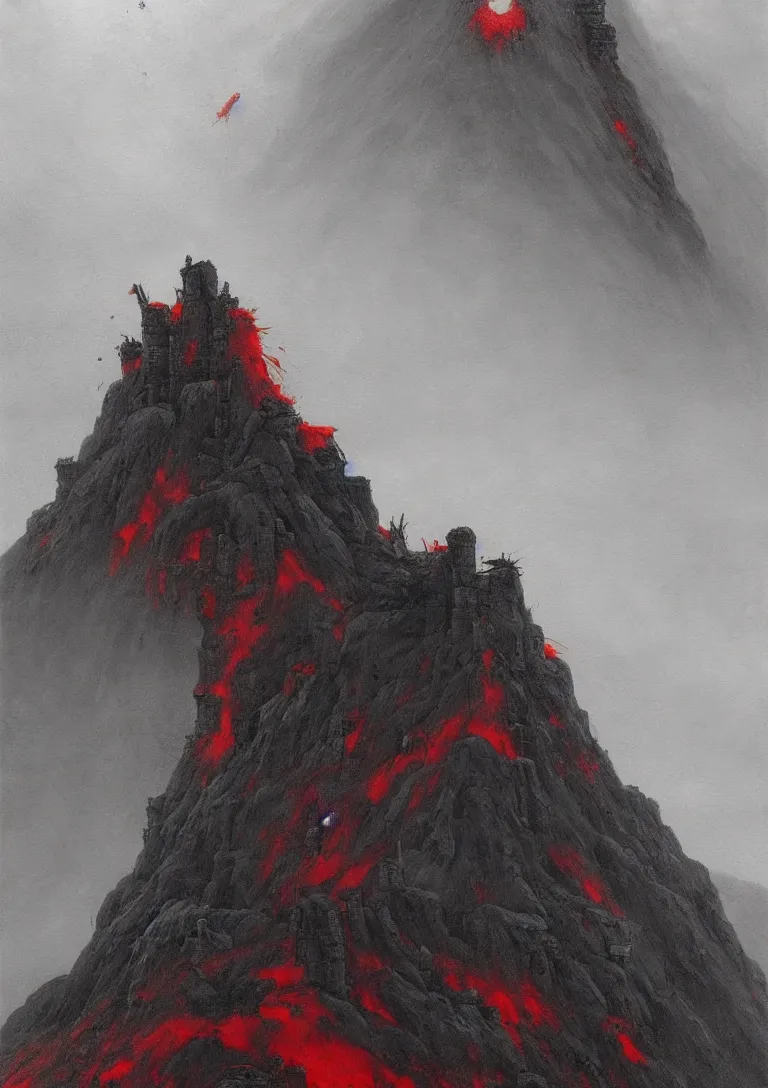 Prompt: painting of thick black rain falling upon a ruined mountainside fortress pulsing with entrails, red tones, trending on artstation, award winning painting, classic, masterpiece, highly detailed, sharp focus, cohesive, art by zdzisław beksinski and bayard wu and wayne barlowe