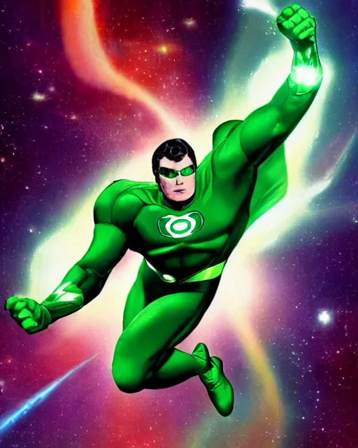 Image similar to photos of actor Christopher Reeve as a Green Lantern soaring thru outer space, photogenic, spit-curl in hair, particle effects, photography, studio lighting, cinematic, photorealistic, trending artstation