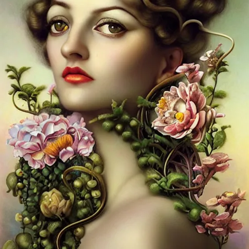 Prompt: dynamic composition, blonde woman with hair of spring flowers and vines wearing ornate earrings, ornate gilded details, pastel colors, a surrealist painting by tom bagshaw and jacek yerga and tamara de lempicka and jesse king, wiccan, pre - raphaelite, featured on cgsociety, pop surrealism, surrealist, dramatic lighting