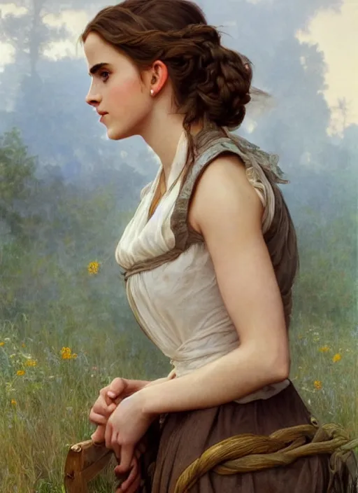 Image similar to portrait emma watson as 21th century country girl, full length shot, shining, 8k highly detailed, sharp focus, illustration, art by artgerm, mucha, bouguereau