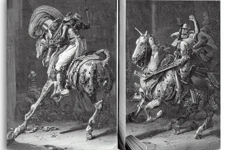 Prompt: highly detailed portrait of big open book, open book page, don quixote left the book, symmetrical, masterpiece, highly detailed painting by gustave dore