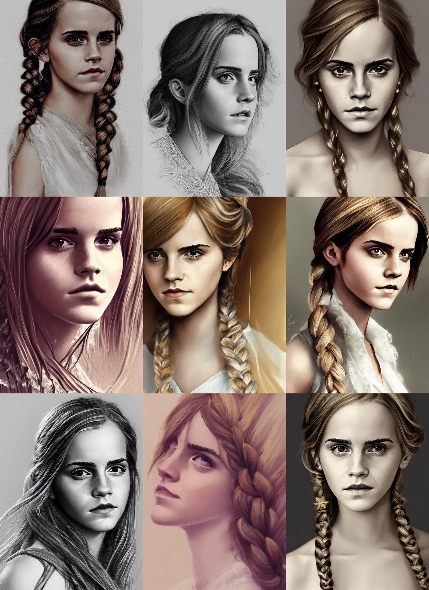 Prompt: emma watson young, portrait close - up, long blond braided hair, white and gold dress, intricate, highly detailed, artstation, concept art, sharp focus, illustration, annie stegg