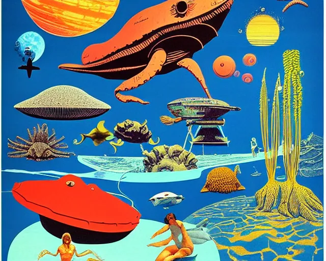 Image similar to 1976 science fiction poster, cut out, nouvelle vague, beach on the outer rim, epic theater, tropical sea creatures, aquatic plants, drawings in style of Terry Gilliam, composition William S Boroughs, written by Michael Ende