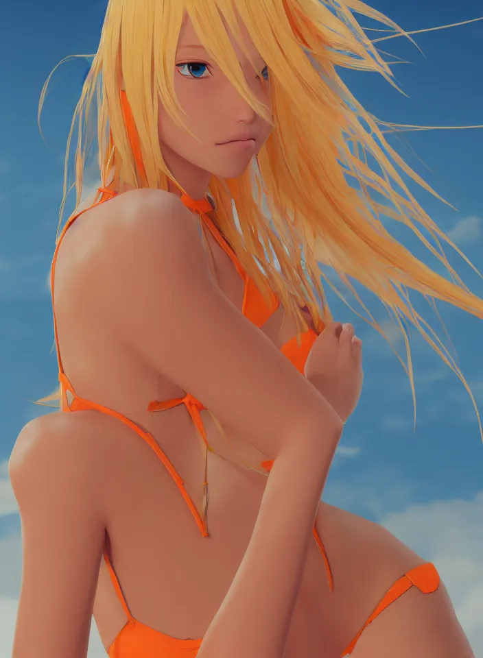 Prompt: beautiful blond woman in orange tribal bikini, long blond hair behind the ear, by makoto shinkai, 8 k, high resolution render, cinematic color grading, clean lineart and flat color,