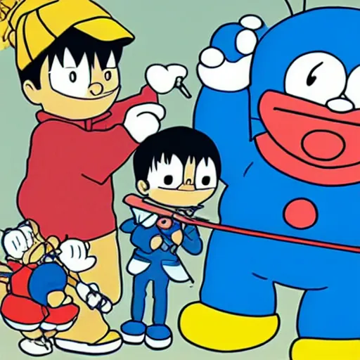 Image similar to Doraemon teaching how to disarm a gun