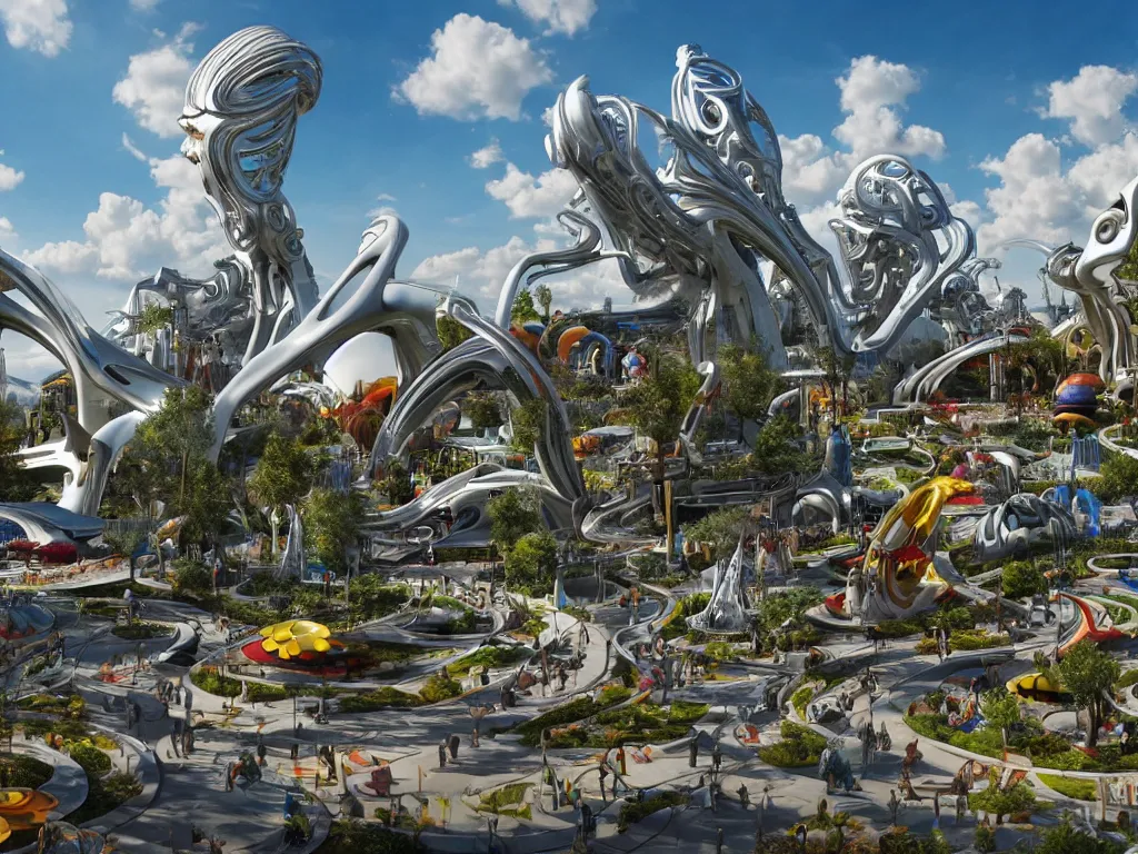 Image similar to a busy elaborate ornate outdoor sci - fi park, cinematic, shadows, partly cloudy day, 4 k, detailed, by zaha hadid and basquiat