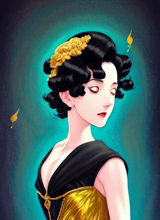 Image similar to a beautiful dancer with black hair in 1920's fashion, ballroom background, intricate, highly detailed, digital painting, artstation, official media, anime key visual, concept art, rich vivid colors, ambient lighting, sharp focus, illustration, art by Artgerm, Makoto Shinkai, Ilya Kuvshinov, Lois Van Baarle, and Rossdraws