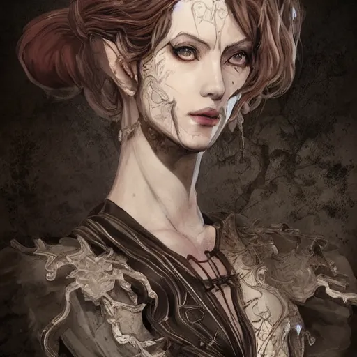 Image similar to portrait of lady dimitrescu from resident evil village, baroque style, elegant, beautiful, mesmerizing, concept art, highly detailed, artstation, behance, deviantart, inspired by innocent manga, inspired by castlevania concept art, trending, ayami kojima, shinichi sakamoto