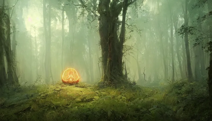 Image similar to A beautiful painting of a magic glowing portal to hell in a dying overgrown forest by greg rutkowski and Kalin Popov , Trending on artstation HD.