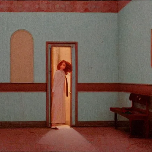 Image similar to a lonely girl in an haunted liminal abandoned room, film still by wes anderson, limited color palette, very intricate, art nouveau, highly detailed, lights by hopper, soft pastel colors