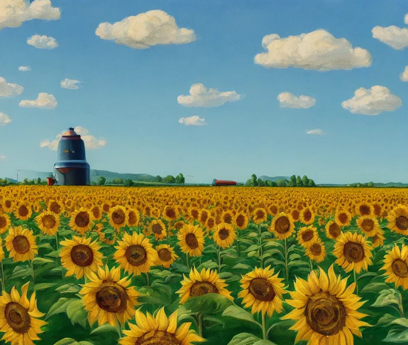 Image similar to a very detailed painting of a sunflower field, baby blue sky with very aesthetic stylized clouds, there is an ad billboard on the field, cows are on the field, an ufo is in the air, the ufo beams up a cow with a green light beam, in the style of edward hopper and hugo pondz, very fine brushstrokes, 4 k,