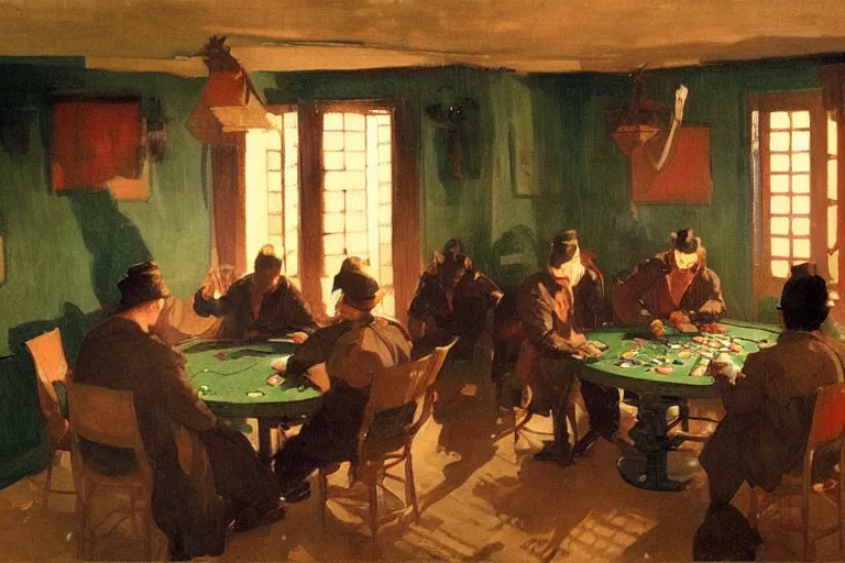 Prompt: ninjas playing poker, inside a tiny green room with red lights by joaquin sorolla, greg rutkowski, hokusai