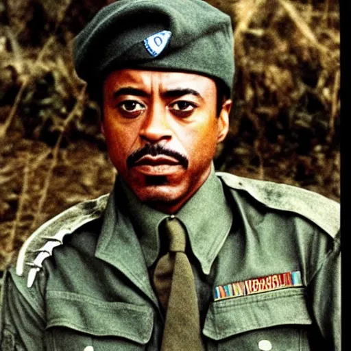 Prompt: black Robert Downey Jr as a soldier in Vietnam, award winning historical photograph