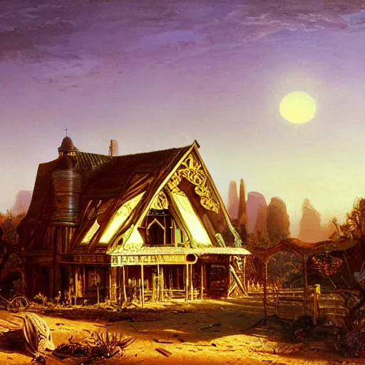 Prompt: painting of syd mead artlilery scifi organic shaped wood house with ornate metal work lands on a farm, fossil ornaments, volumetric lights, purple sun, andreas achenbach