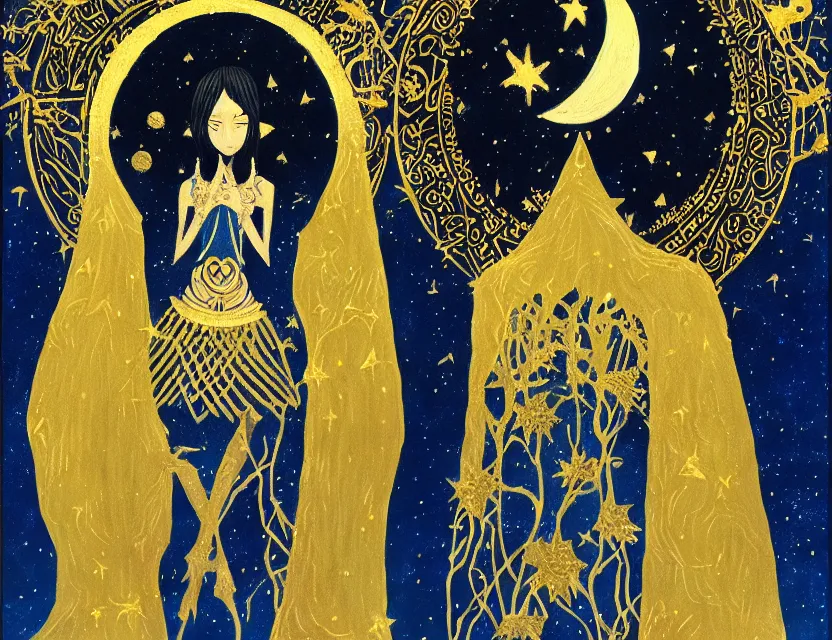 Prompt: moon priestess. gouache and gold leaf by award - winning mangaka, chiaroscuro, bokeh, backlighting, field of depth