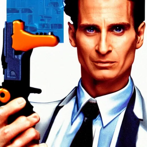 Image similar to Patrick Bateman holding a nerf blaster, movie poster