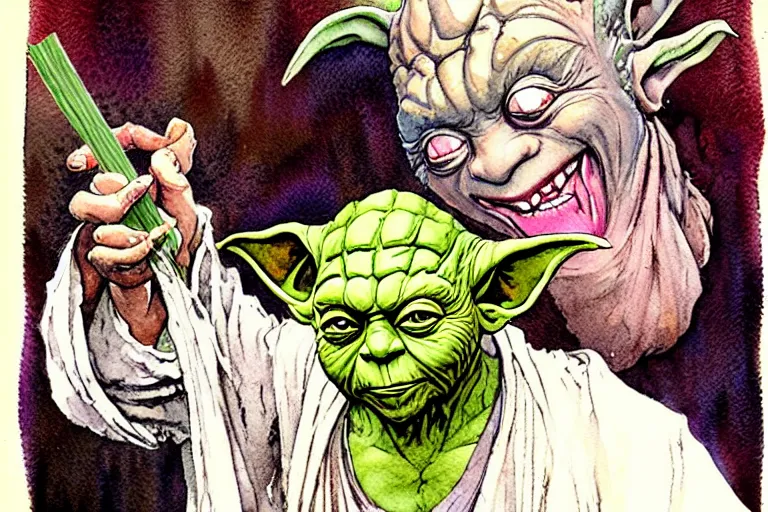 Image similar to a realistic and atmospheric watercolour fantasy character concept art portrait of yoda with bloodshot eyes laughing holding a blunt with a pot leaf nearby, by rebecca guay, michael kaluta, charles vess and jean moebius giraud