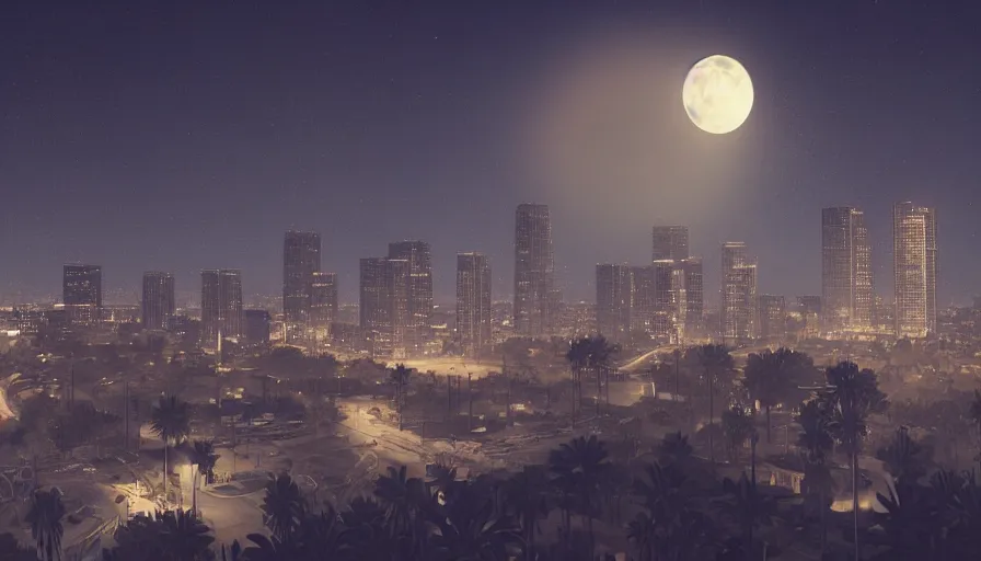 Prompt: Digital painting of Neo-Gothic Los Angeles at night with a big moon, wide angle, volumetric light, hyperdetailed, artstation, cgsociety, 8k