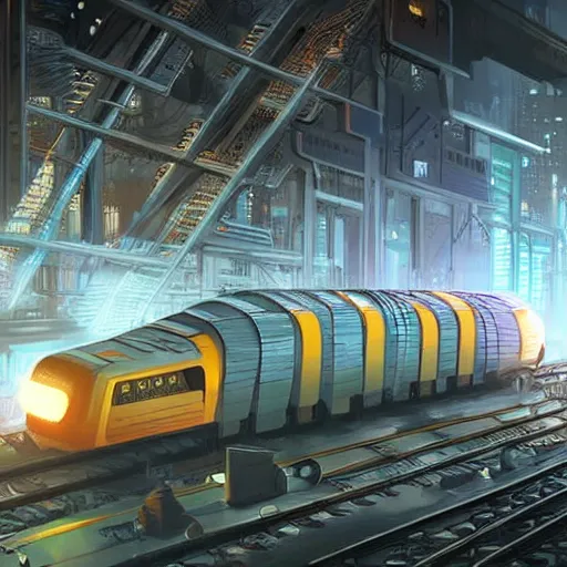 Image similar to Immense industrial futuristic cargo train arrives at cyber punk city station, cinematic lighting, concept art