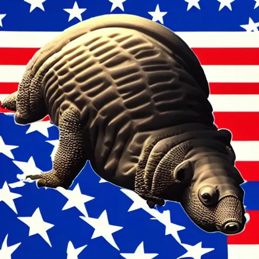 Image similar to t-shirt design, armadillo patriot potus, modern art placed in a large living room, superrealism 3d 8k resolution