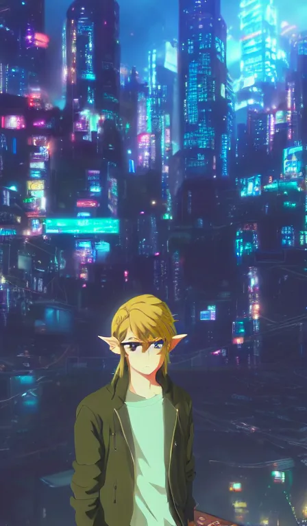 Prompt: anime fine details portrait of Link in front of cyberpunk moder city landscape on the background deep bokeh, close-up view, anime masterpiece by Studio Ghibli. 8k, sharp high quality anime, artstation