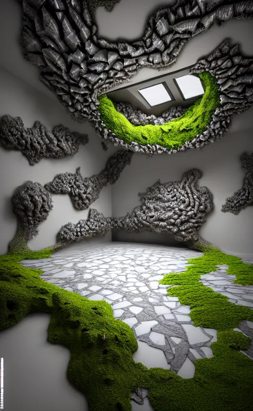 Image similar to highly detailed ultra sharp 3 d render villa interior cinematic composition of a smooth ceramic porcelain biomorphic magnolia stone nebula fluid fractal sci - fi surreal architecture landscape, granite, metallic, magnesium, marble, moss and lichen, vincent callebaut composition, mamou - mani, archviz, beautiful lighting, 8 k, unreal engine, hdr,