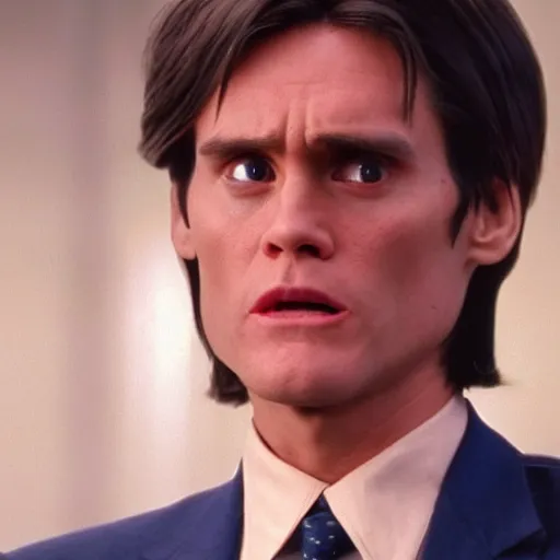 Image similar to cinematic shot of young jim carrey as phoenix wright in court