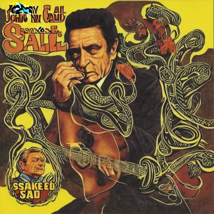 Image similar to album cover for the Johnny Cash and Snake Oil colab record. Snake oil, quackery, folk medicine, scamming, beautiful album cover with no text, album art by Jack Kirby, snake oil