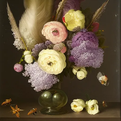 Image similar to still - life of bouquet of lilac and ranunculus with honeycomb bees and birds feathers, rachel ruysch, dark, moody