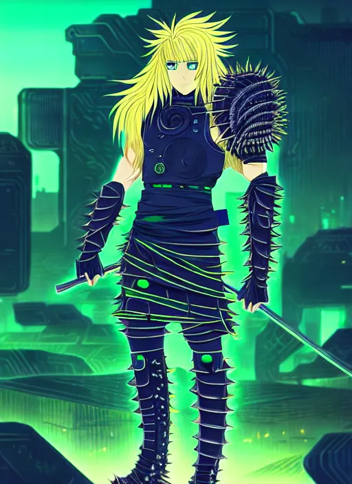 Prompt: a detailed anime full body portrait of a male warrior with long blonde hair and blue eyes wearing evil green spiked cyberpunk armour and standing in the desolate burning ruins of a futuristic city by hirohiko araki and beeple,