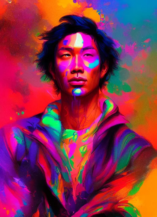 Prompt: A psychedelic portrait of hoss Tran, vibrant color scheme, highly detailed, in the style of romanticism, cinematic, artstation, Greg rutkowski