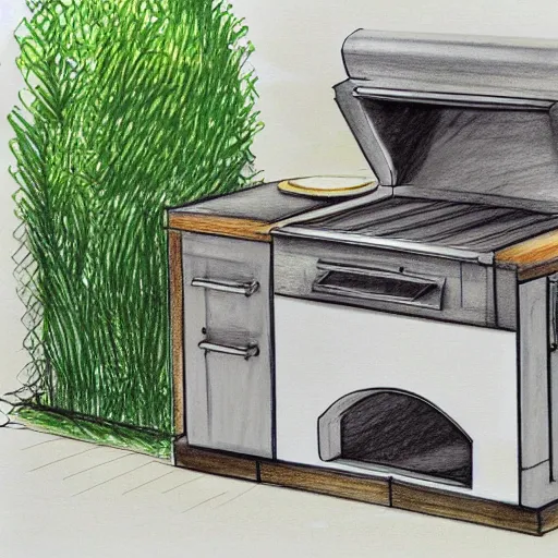 Image similar to new concept for small outdoor open Dutch kitchen design with grill and pizza oven, designer pencil sketch, HD resolution
