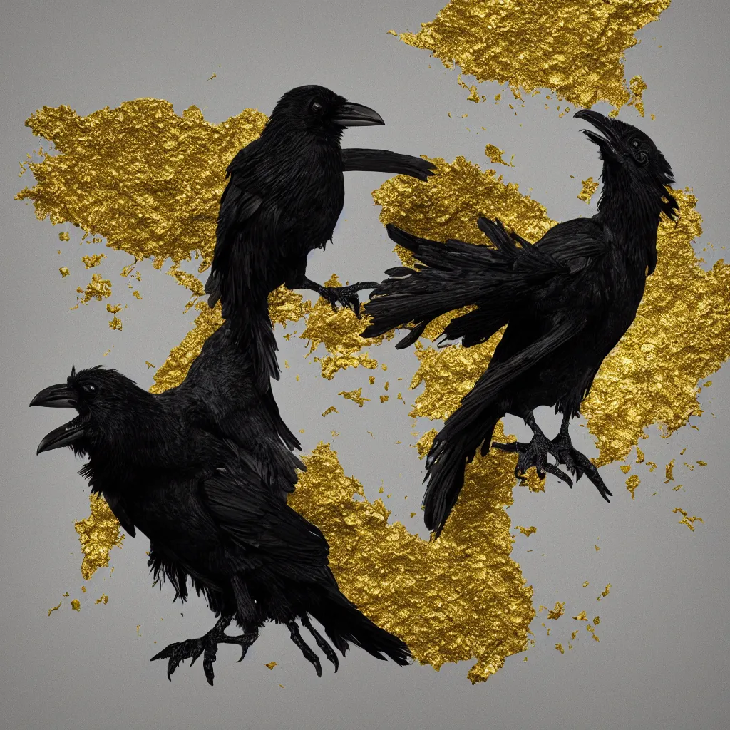 Image similar to Raven with wings made of gold leaf, white background, octane render, dramatic, depth of field