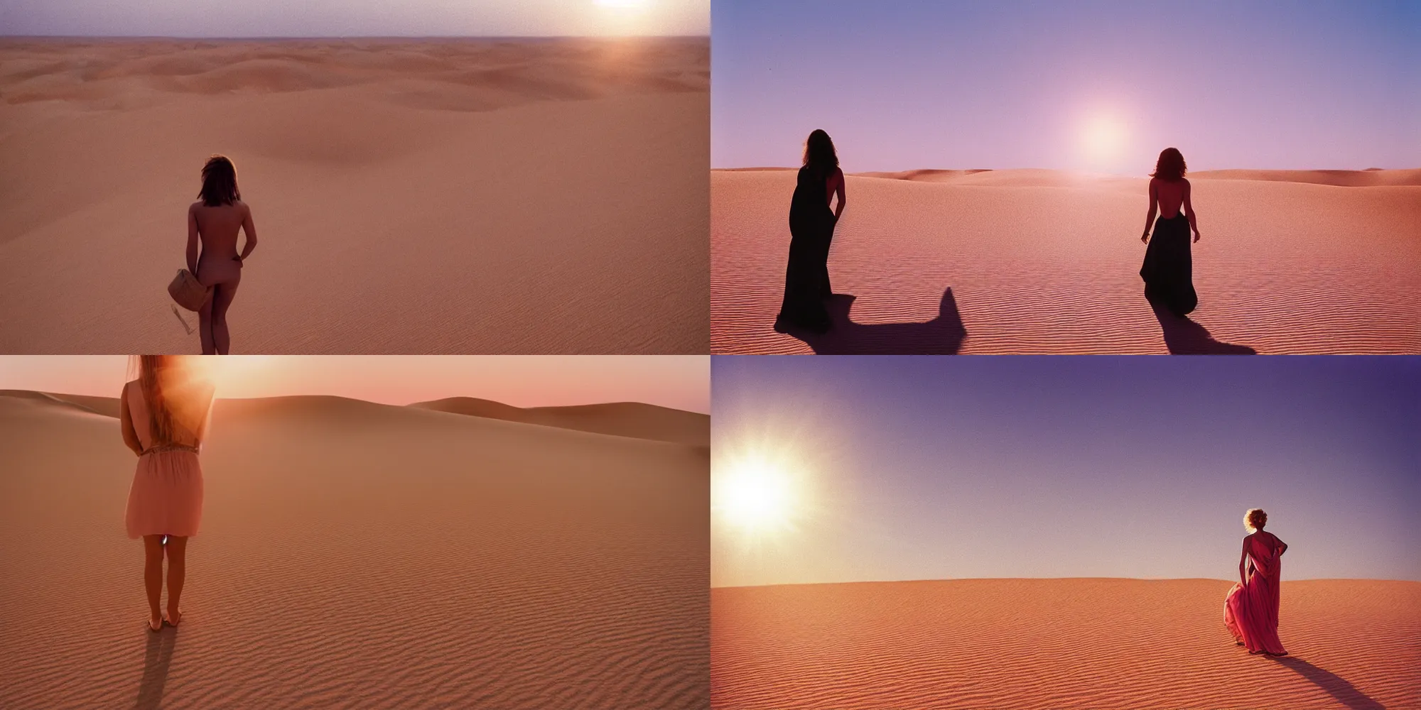 Prompt: photograph of a beautiful!!! woman! from the back standing in sahara dune desert by mark owen. pastel colors. kodak portra 4 0 0 film!!. whirl bokeh!. mamiya 7. highly detailed. hq. photoreal. golden hour. lens flare. faded film. in - frame